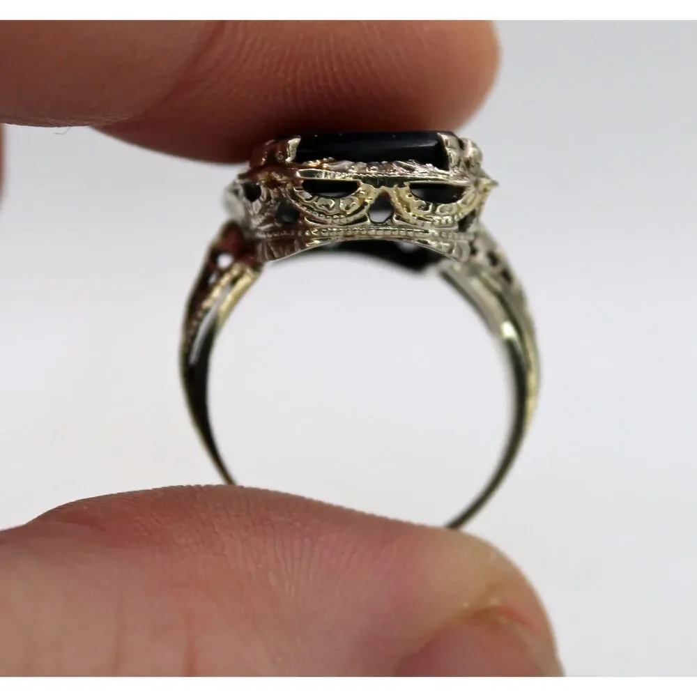 Art Deco 14kt White Gold Black Onyx Diamond Filigree Ring